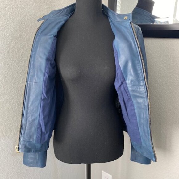 COLE HAAN 100% Leather Indigo Blue Moto Jacket Coat Small - Picture 8 of 12